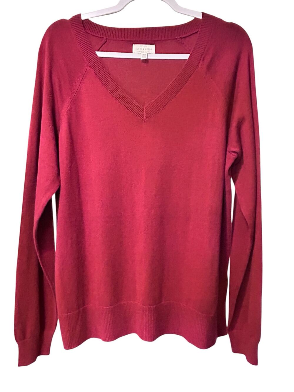Lucky Brand Pull Over Sweater Burgundy Preppy Casual SZ Med Lightweight V Neck